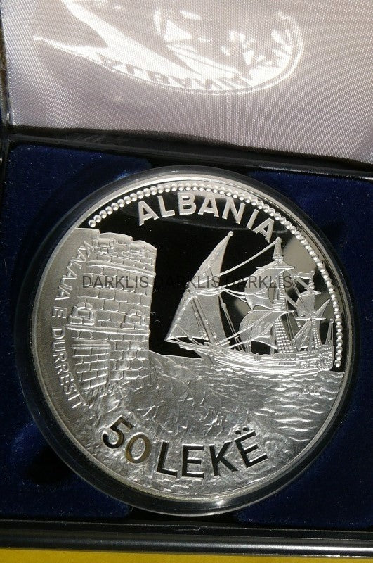 50 LEK ALBANIA 1987 ŻAGLOWIEC DURRES Ag 925 168g