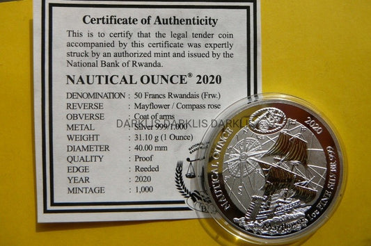 50 MIR RWANDA 2020 ŻAGLOWIEC MAYFLOWER Ag999 PROOF