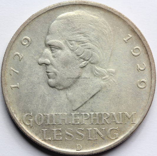 5 REICHSMARK WEIMAR 1929 D GOTTHOLD LESSING RZADKA Nr.2