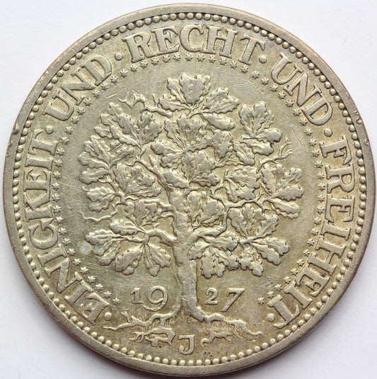5 REICHSMARK WEIMAR 1927 J DĄB RZADKA SUPER STAN Nr.1