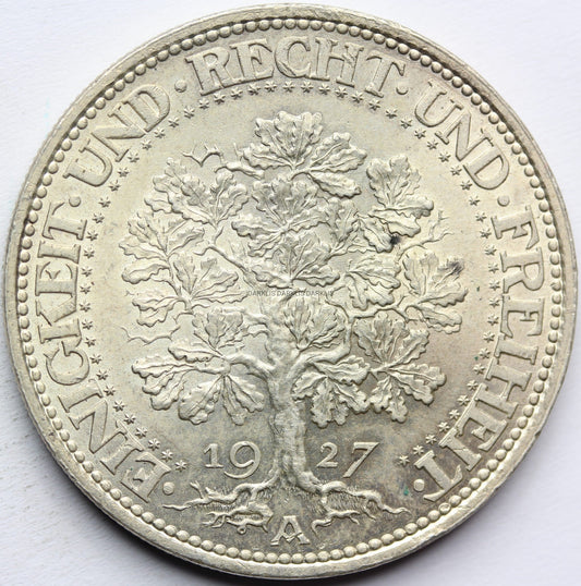 5 REICHSMAREK WEIMAR NIEMCY 1927 A DRZEWO DĄB  Nr.4