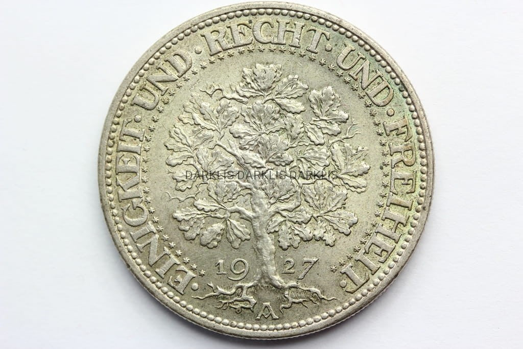 5 REICHSMAREK WEIMAR NIEMCY 1927 -A- DRZEWO DĄB STAN