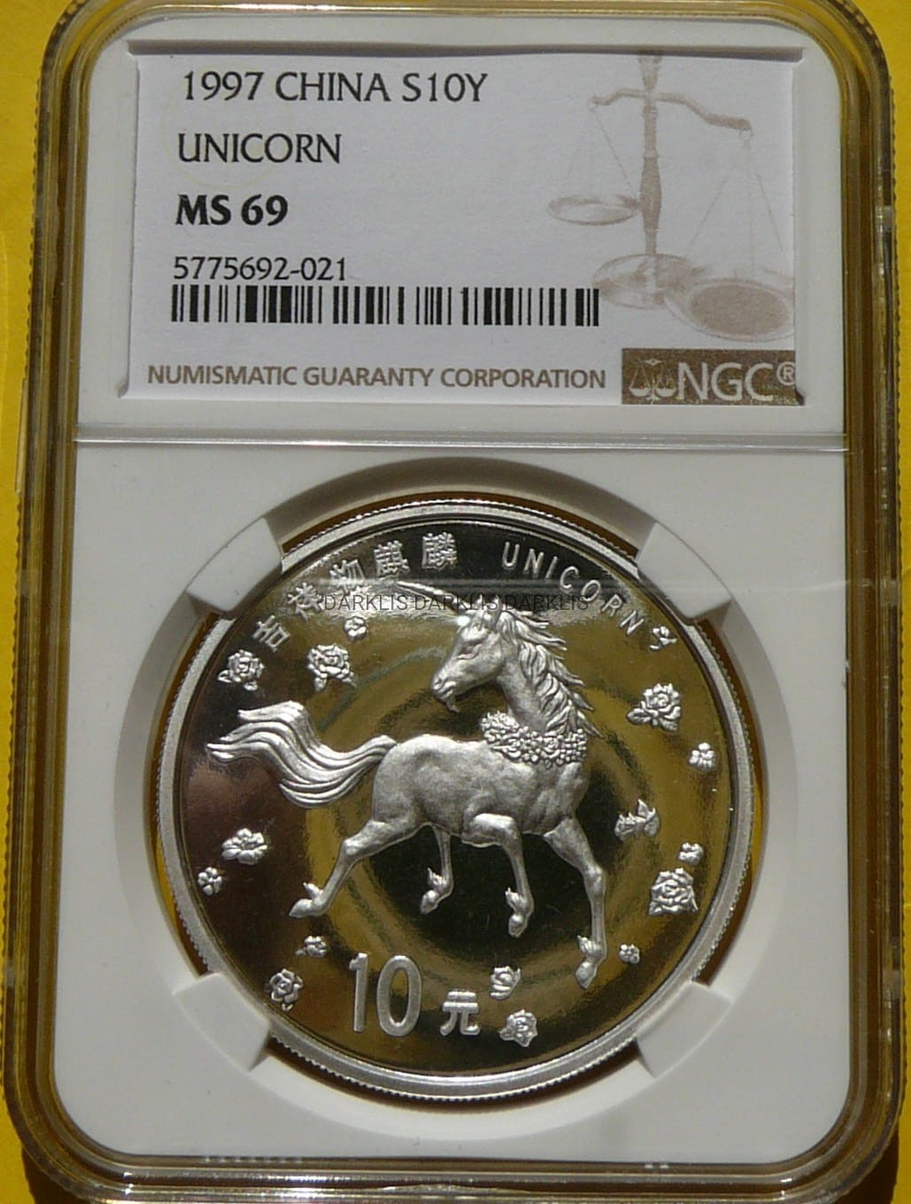10 YUAN CHINY 1997 KOŃ JEDNOROŻEC NGC MS69 RZADKA
