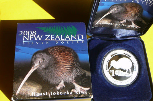 1$ NOWA ZELANDIA 2008 PTAK KIWI Ag Oz PROOF RZADKA