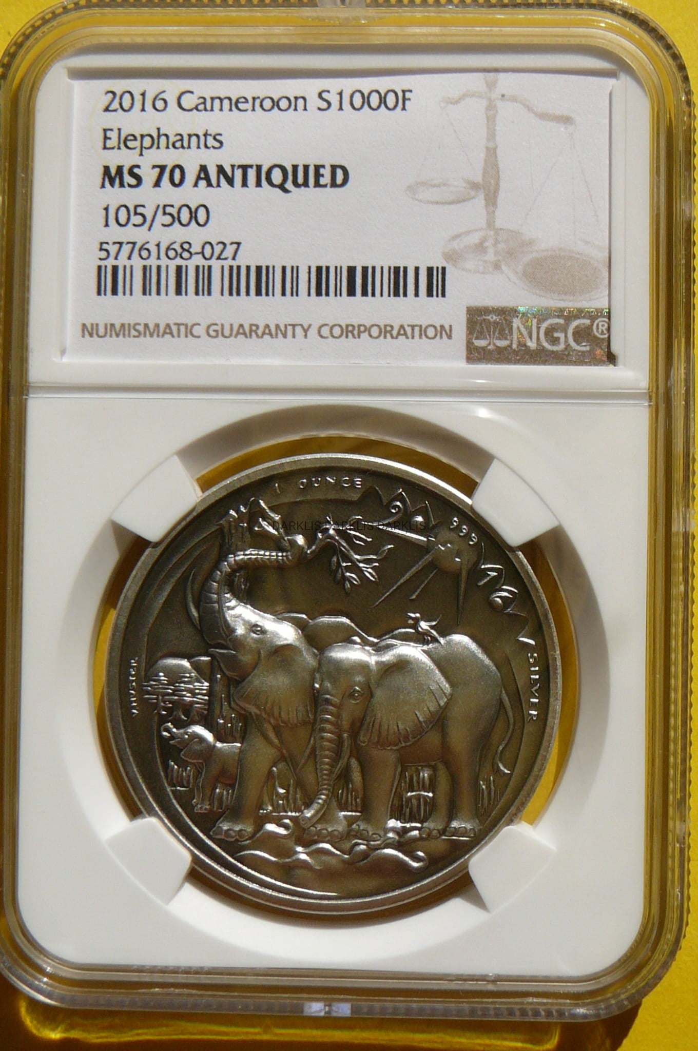 1000 FR KAMERUN 2016 SŁOŃ HIGH RELIEF ANTIQUE MS70