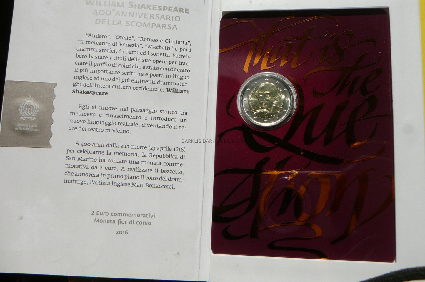 2 EURO SAN MARINO 2016 WILLIAM SZEKSPIR MENNICZA