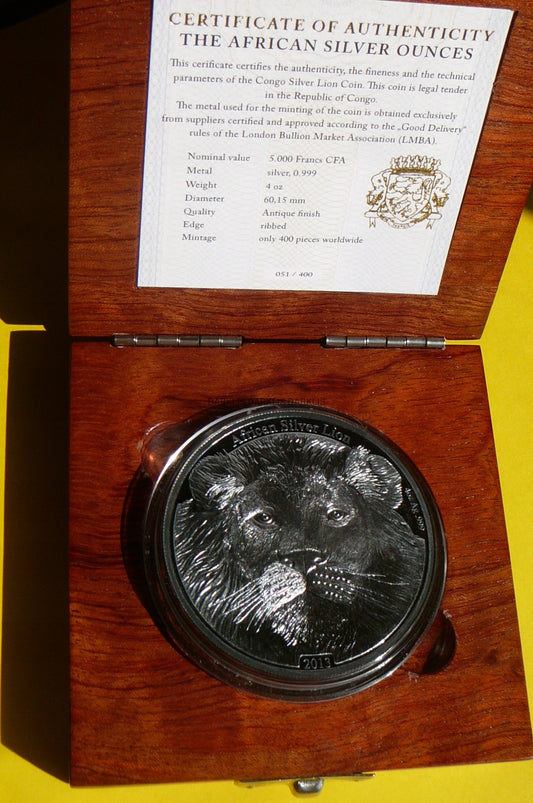 5000 FR KONGO 2013 LEW AFRYKAŃSKI Ag999 4Oz RZADKA