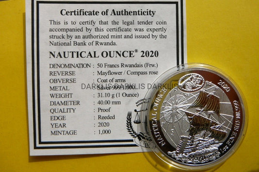 50 MIR RWANDA 2020 ŻAGLOWIEC MAYFLOWER Ag999 PROOF